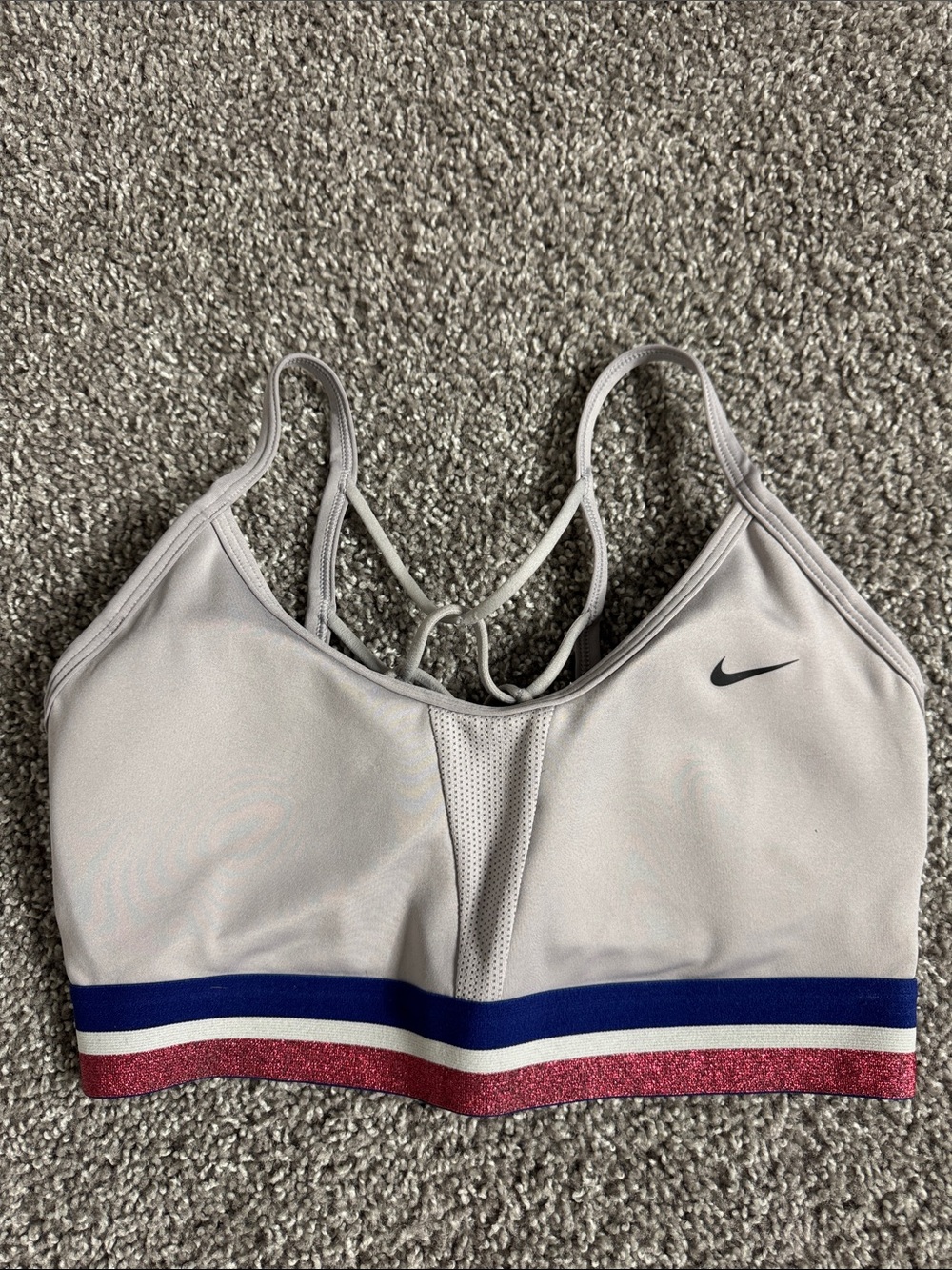 Nike Light Gray Strappy Sports Bra with Blue & Red Trim